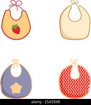 Illustrazione di quattro graziosi pettini per bambini con colori e motivi decorativi diversi. Set di bavaglini cartoni animati in vari colori e motivi Illustrazione Vettoriale