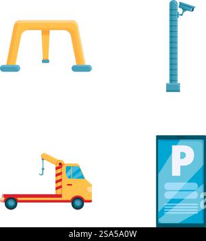 Le icone dei parcheggi cittadini impostano il vettore dei cartoni animati. Parcheggi urbani. Infrastrutture di trasporto. Le icone dei parcheggi cittadini impostano il vettore dei cartoni animati. Parcheggi urbani Illustrazione Vettoriale