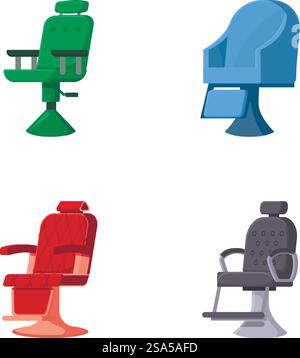 Set vettoriale colorato con moderne sedie da ufficio, adatto per elementi di design sul luogo di lavoro. Set di quattro sedie da ufficio moderne, illustrazione vettoriale Illustrazione Vettoriale