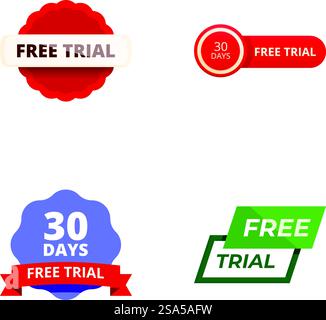 Collezione di quattro diversi modelli per la prova gratuita e badge con offerta di 30 giorni. Set di badge di prova gratuita con offerta di 30 giorni Illustrazione Vettoriale