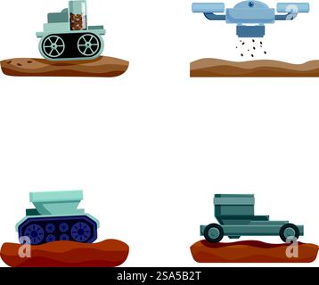 Collezione di quattro icone di macchine agricole in stile cartoni animati isolate su sfondo bianco. Set di illustrazioni cartoon per macchine agricole Illustrazione Vettoriale
