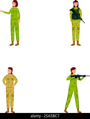 Serie di quattro illustrazioni raffiguranti soldati in divise e posizioni diverse. Personale militare in varie pose Illustrazione Vettoriale