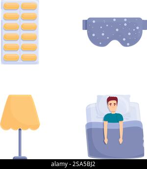 Le icone dei problemi di sonno impostano il vettore dei cartoni animati. L'uomo sta a letto e non riesce a dormire. Concetto di insonnia. Le icone dei problemi di sonno impostano il vettore dei cartoni animati. L'uomo sta a letto e non riesce a dormire Illustrazione Vettoriale
