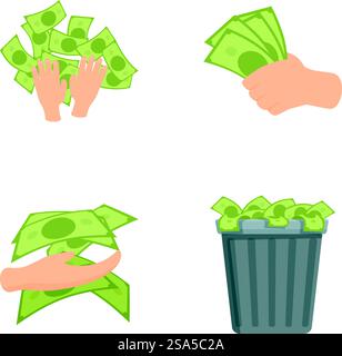 Raccolta di quattro immagini vettoriali raffiguranti vari modi di interagire con il contante. Serie di illustrazioni per la gestione del denaro Illustrazione Vettoriale
