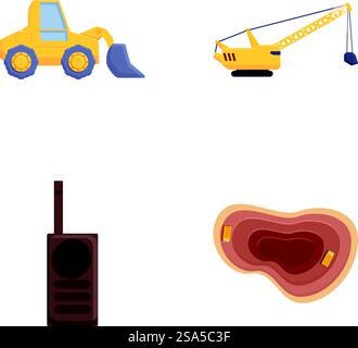 Le icone di estrazione impostano il vettore dei cartoni animati. Macchina per attività estrattive in cava. Industria mineraria. Le icone di estrazione impostano il vettore dei cartoni animati. Macchina per attività estrattive in cava Illustrazione Vettoriale