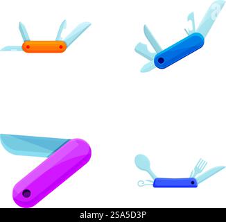 Le icone dei coltelli dell'esercito impostano il vettore dei cartoni animati. Coltello ripiegabile multiuso tascabile. Strumento multiuso. Le icone dei coltelli dell'esercito impostano il vettore dei cartoni animati. Coltello ripiegabile multiuso tascabile Illustrazione Vettoriale
