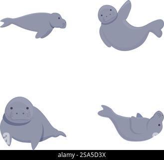 Adorabile e giocosa collezione di illustrazioni di foche a cartoni animati per bambini e bambini, con graziose foche grigie in varie pose e azioni, perfetta per i disegni di vita sottomarina e marina. Set di quattro adorabili illustrazioni di foche cartoni animati in varie pose, isolate su bianco Illustrazione Vettoriale