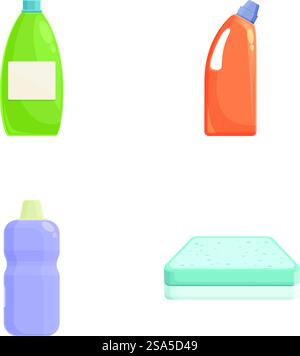 Icone vettoriali di bottiglie di plastica e spugna per la pulizia, isolata su bianco. Varietà di contenitori in plastica per uso domestico e spugna Illustrazione Vettoriale
