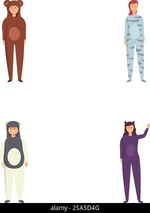 Illustrazione di quattro persone vestite con simpatici e intimi animali. Gruppo di persone in onesie animali Illustrazione Vettoriale