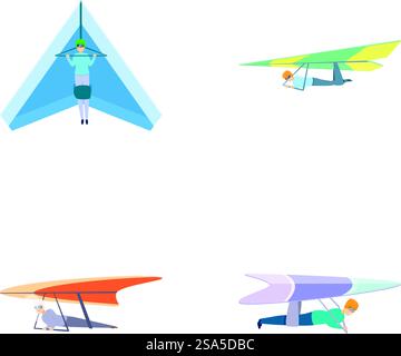 Le icone di deltaplano impostano il vettore dei cartoni animati. L'uomo che vola volando sport estremi. Sport dell'aria, stile di vita attivo. Le icone di deltaplano impostano il vettore dei cartoni animati. L'uomo che vola volando sport estremi Illustrazione Vettoriale
