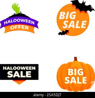 Set di quattro vivaci saldi a tema alloweenthemed e banner con zucche e pipistrelli. Vendita di Halloween e set di striscioni Illustrazione Vettoriale