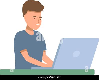 Giovane seduto a una scrivania che lavora da casa utilizzando un computer portatile, sorride e guarda di lato. Giovane che lavora da casa e utilizza un computer portatile sorridente e distogliendo lo sguardo Illustrazione Vettoriale