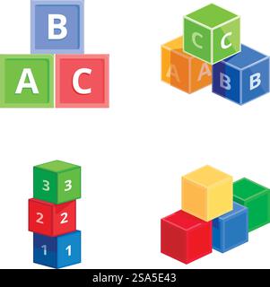 Illustrazione vettoriale isometrica di blocchi di giocattoli con lettere e cifre in colori vivaci, isolati. Alfabeto colorato e blocchi numerici su sfondo bianco Illustrazione Vettoriale