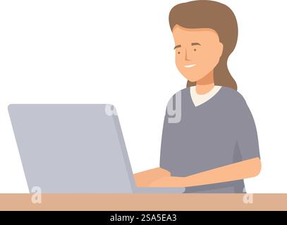 La giovane donna è seduta alla sua scrivania a lavorare sul suo portatile, sembra felice. Giovane donna felice che lavora su un notebook alla sua scrivania Illustrazione Vettoriale
