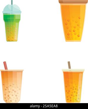 Collezione di quattro immagini di bolle di tè in diversi colori e sapori. Set colorato per bevande a base di tè e bollicine Illustrazione Vettoriale