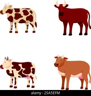 Collezione di quattro diverse mucche da cartoni animati in pose erette isolate su sfondo bianco. Set di varie mucche da cartone animato Illustrazione Vettoriale