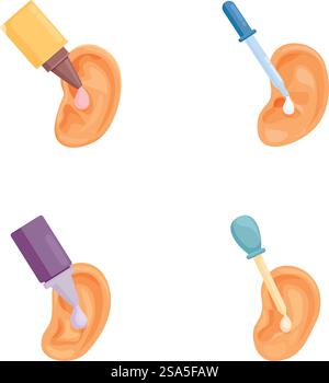 Immagine dei metodi di pulizia delle orecchie con diversi strumenti su sfondo bianco. Set di utensili per la pulizia delle orecchie isolati su bianco Illustrazione Vettoriale
