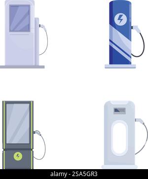 Collezione di quattro diverse icone dal design piatto che rappresentano i caricabatteria per veicoli elettrici. Set di icone delle stazioni di ricarica per veicoli elettrici Illustrazione Vettoriale