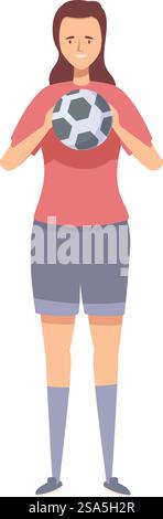 Donna sorridente in abbigliamento atletico, che tiene una palla da calcio con entrambe le mani. Giovane giocatrice di calcio con in mano un pallone Illustrazione Vettoriale