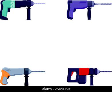 Collezione grafica vettoriale di quattro diversi trapani elettrici, che mostrano stili e colori diversi. Set di trapani elettrici in vari design Illustrazione Vettoriale