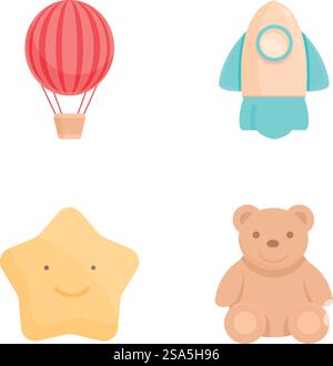 Illustrazione vettoriale di giocattoli colorati per cartoni animati, mongolfiera, razzo, stella e orsacchiotto. Carino set di giocattoli cartoni animati Illustrazione Vettoriale