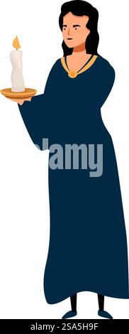 Donna in abiti medievali che tiene una candela accesa su un piatto. Donna medievale che tiene la candela in abito lungo Illustrazione Vettoriale