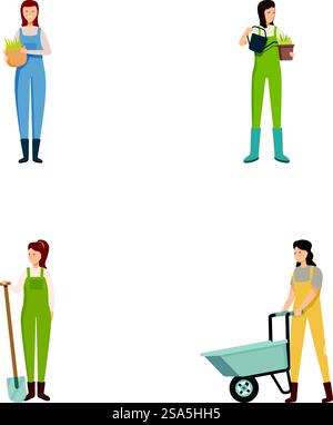 Collezione di illustrazioni vettoriali che illustrano le donne in attività di giardinaggio con piante e attrezzature. Set di giardinieri femminili con attrezzi e piante Illustrazione Vettoriale