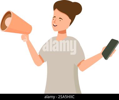 Una giovane donna tiene in mano un megafono e uno smartphone, annuncia notizie e resta connessa. Giovane donna con megafono che annuncia notizie utilizzando il telefono cellulare Illustrazione Vettoriale