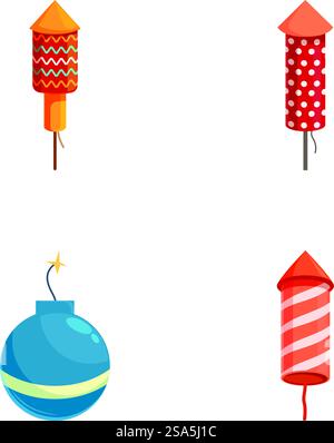 Collezione di quattro razzi fuochi d'artificio cartoni animati e una bomba isolata su sfondo bianco. Set di missili e bombe per fuochi d'artificio a cartoni animati Illustrazione Vettoriale