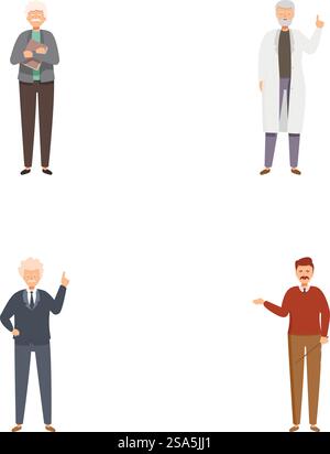 Raccolta diversificata di personaggi professionali in varie professioni, tra cui medici, uomini d’affari, insegnanti e dirigenti, isolato su sfondo bianco. Set di quattro diversi personaggi professionali maschili su sfondo bianco Illustrazione Vettoriale