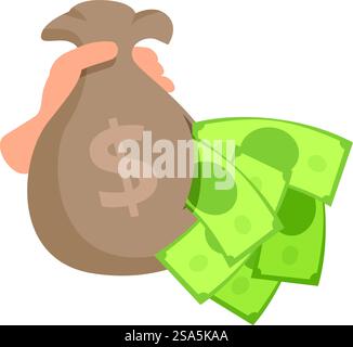 Mano che tiene in mano un sacco di soldi con banconote in dollari in volo, che rappresentano ricchezza, reddito e successo finanziario. Mano che tiene in mano il sacchetto con il simbolo del dollaro e le banconote che volano fuori Illustrazione Vettoriale