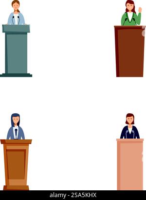 Quattro icone vettoriali che rappresentano uomini d'affari di diverso genere ai podi, parlando in pubblico. Diversi gruppi di persone d'affari che parlano in pubblico Illustrazione Vettoriale