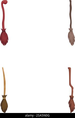 Illustrazione di quattro diversi bastoncini di scopa a strega in stile cartoni animati, isolati su sfondo bianco. Set di scopa da strega cartoni animati Illustrazione Vettoriale