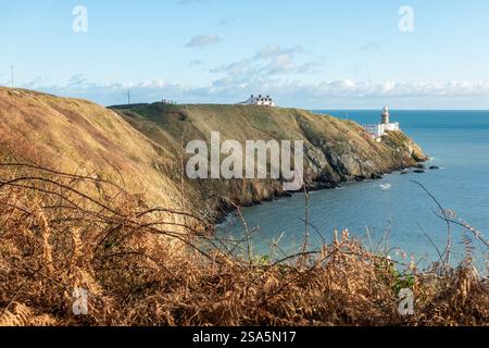 Il faro di Baily nella Doldrum Bay si affaccia sulle tranquille acque che circondano Howth, in Irlanda, in una giornata di inverni limpidi Foto Stock
