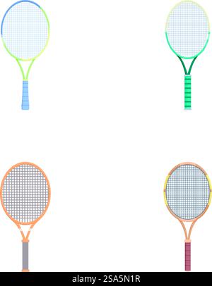 Collezione di colorate icone dal design piatto per tennis, squash e altri sport con racchette isolate sul bianco. Set di quattro diverse illustrazioni sportive per racchetta Illustrazione Vettoriale