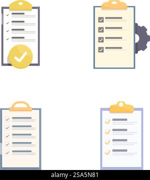 Raccolta di quattro icone della lista di controllo degli appunti in stile piatto, isolate su sfondo bianco. Set di icone elenco di controllo per il design piatto Illustrazione Vettoriale