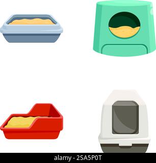 Illustrazione di quattro diversi stili di scatole per lettiere di gatto, isolate su uno sfondo bianco. Varie scatole per lettiera Cat isolate su bianco Illustrazione Vettoriale