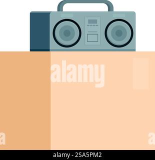 Il classico lettore stereo portatile di cassette si trova su una grande scatola di cartone. Lettore stereo portatile a cassette vecchio stile in una scatola di cartone Illustrazione Vettoriale