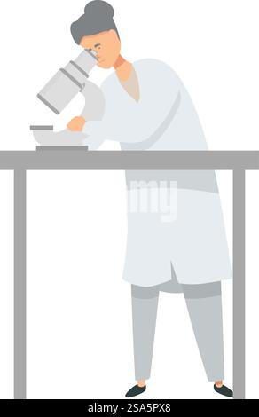 Lo scienziato sta facendo qualche ricerca usando un microscopio in un laboratorio. Scienziata donna che lavora utilizzando il microscopio, concetto di ricerca di laboratorio Illustrazione Vettoriale