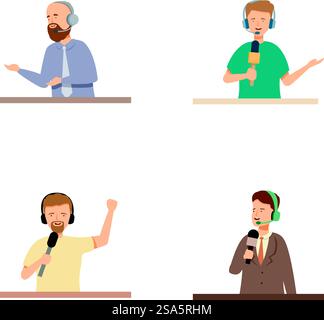 Set di quattro personaggi maschi cartoni animati con microfono che parlano, che rappresentano diversi presentatori. Illustrazione vettoriale della raccolta di altoparlanti maschi diversi Illustrazione Vettoriale