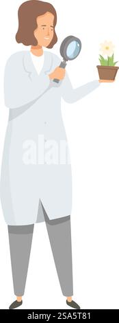 Lo scienziato in un camice da laboratorio sta esaminando una pianta in una pentola con una lente d'ingrandimento. Scienziato che osserva la crescita delle piante utilizzando una lente di ingrandimento Illustrazione Vettoriale