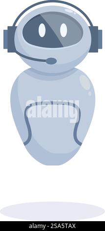 Un simpatico robot indossa una cuffia e fornisce assistenza ai clienti. Cuffia intuitiva indossabile da robot che fornisce assistenza ai clienti Illustrazione Vettoriale