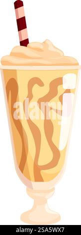 Bicchiere di frullato con crema montata e sciroppo al cioccolato, rinfrescante bevanda estiva. Delizioso frullato con panna montata e sciroppo al cioccolato ti aspetta in un bicchiere alto Illustrazione Vettoriale
