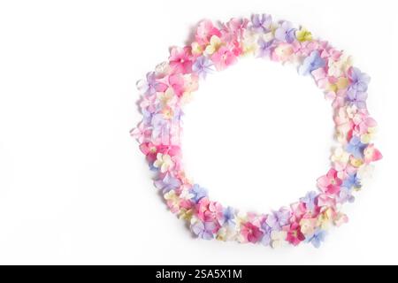 Cornice circolare composta da piccoli fiori di ortensia multicolore isolati su sfondo bianco. Disposizione piatta, vista dall'alto. copia spazio Foto Stock