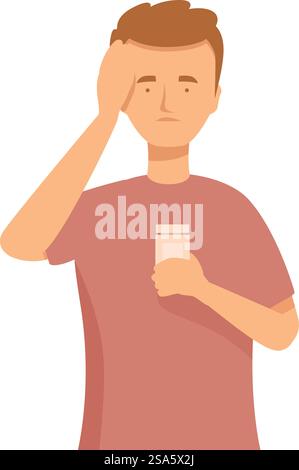 Il giovane soffre di mal di testa e tiene in mano una bottiglia di pillole. Il giovane ha un forte mal di testa che tiene in mano la bottiglia di pillole Illustrazione Vettoriale