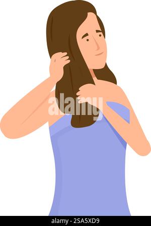La giovane donna si sta asciugando i capelli lunghi dopo una doccia, godendosi la sua routine quotidiana di cura di sé. Giovane donna che asciuga i capelli dopo la doccia Illustrazione Vettoriale