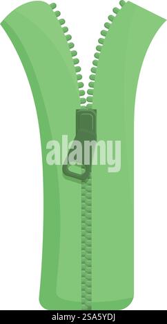 Cerniera verde aperta, con cursore verde e denti. Chiusura con zip verde aperta su sfondo bianco Illustrazione Vettoriale