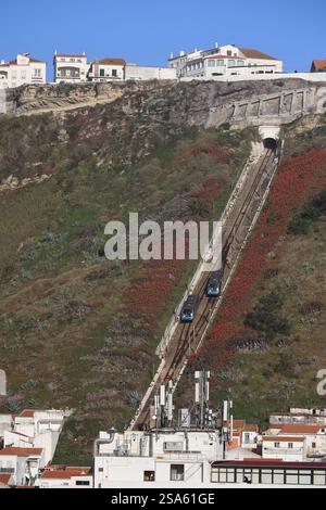 La funicolare Nazaré la funicolare che collega la città bassa (Praia) e il villaggio superiore Sitio sulla collina. Nazare.Portogallo Foto Stock