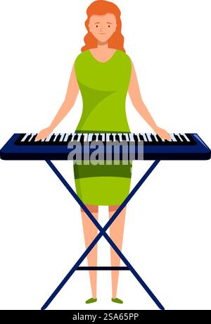Giovane donna che suona il sintetizzatore di tastiera il pianoforte elettronico sul palco. Il musicista sta suonando un sintetizzatore sul palco durante un concerto Illustrazione Vettoriale