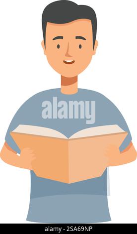 Il giovane tiene aperto un libro di testo e sorride mentre legge. Giovane che legge un libro di testo e sorride Illustrazione Vettoriale